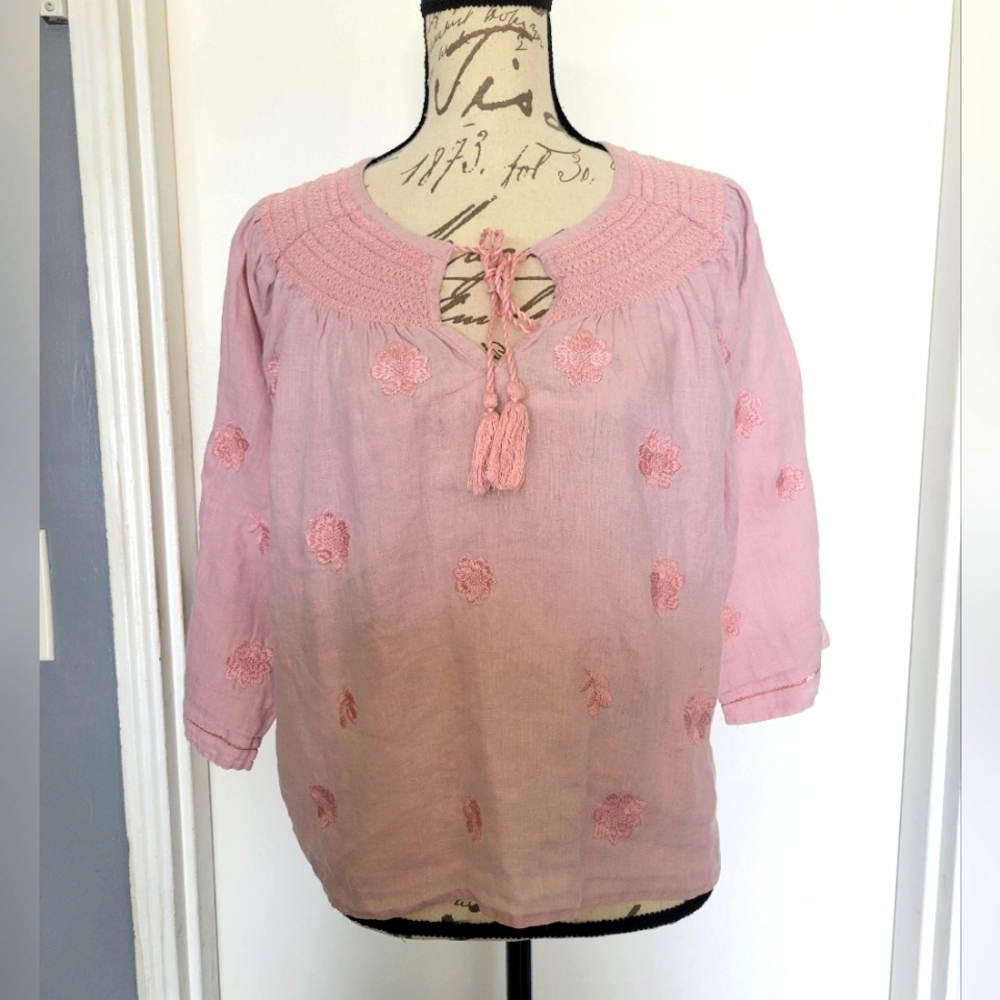 Magaschioni Pink Heavily Embroidered Tassels Linen Peasant Top Blouse Size L